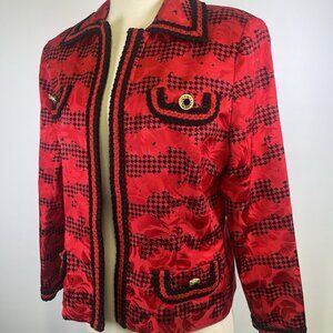 Vintage 80s Anne Crimmins Red & Black 100% Silk Blazer Business Jacket Size 12